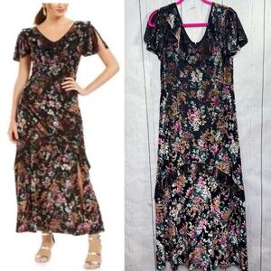 INC Black Floral Maxi Dress Flutter Sleeves V Neck Romantic Boho Size 8 Feminine